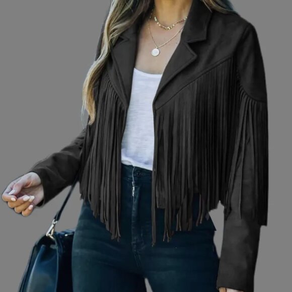 NWOT WOMANS WESTERN VEGAN SUEDE CROPPED FRINGE JACKET SZ XL - Picture 1 of 7